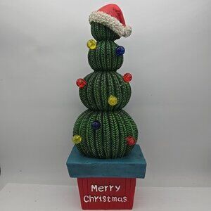Light Up Christmas Tree Cactus With Santa Hat MERRY CHRISTMAS 14" Resin